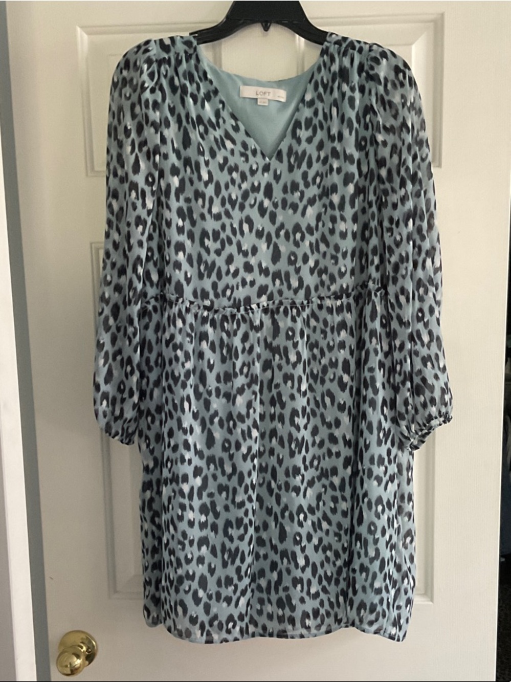 LOFT Light Teal Blue Leopard Print V-Neck Dress